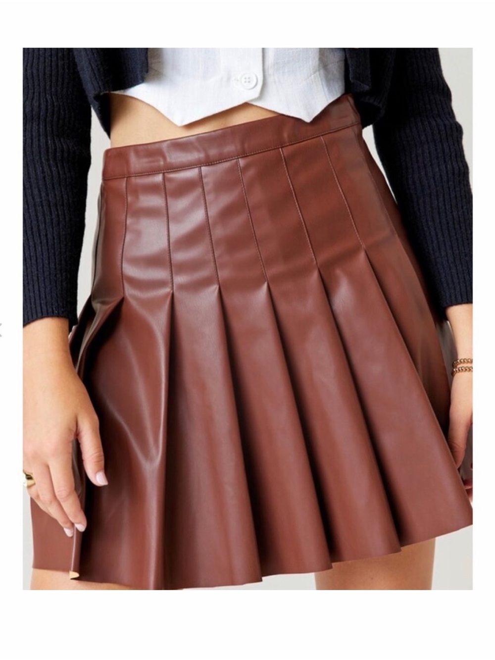 Francesca’s ALYA Brown Faux Leather Pleated Mini Skater Skirt Size M